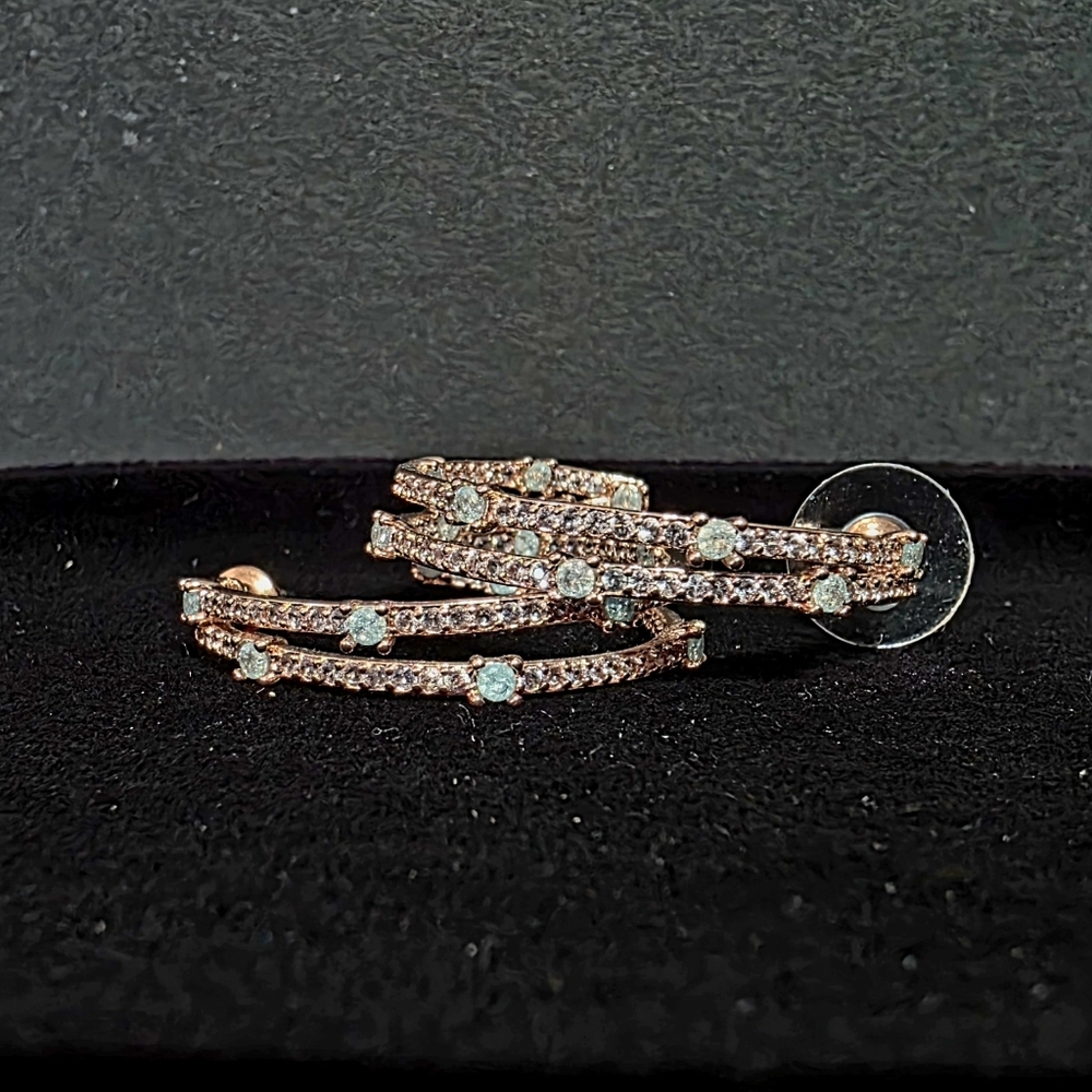 Elegant Aquamarine And CZ  Rose Gold Hoop Earrings